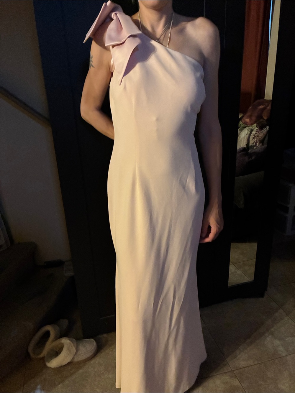 Eliza J One-Shoulder Blush Pink Evening Gown with Bow size 16